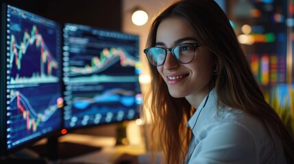 Naklejka premium A smiling young businesswoman with glasses is sitting behind a desk looking at a monitor with a stock market graph monitoring market prices. widgets displaying the weather and the news daily schedule.