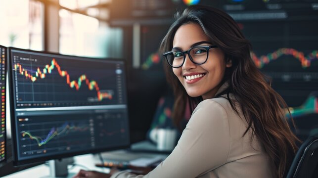 A smiling young businesswoman with glasses is sitting behind a desk looking at a monitor with a stock market graph monitoring market prices. widgets displaying the weather and the news daily schedule.