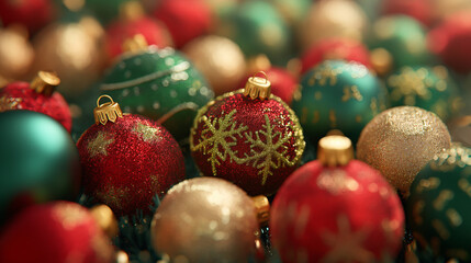 Christmas ornaments of red, green and gold background, wallpaper