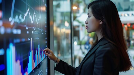 A smiling young businesswoman with glasses is sitting behind a desk looking at a monitor with a stock market graph monitoring market prices. widgets displaying the weather and the news daily schedule. - Powered by Adobe