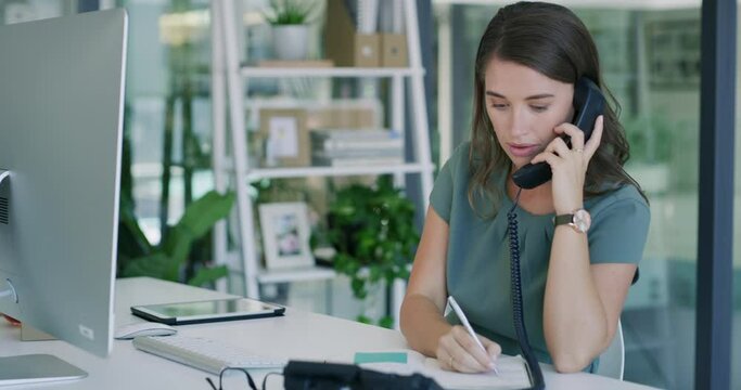 Frustrated business woman, telephone call and writing for customer service, schedule or agenda at office. Female person listening on phone and taking notes in book for memory or reminder at workplace