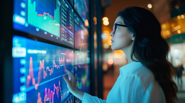 A smiling young businesswoman with glasses is sitting behind a desk looking at a monitor with a stock market graph monitoring market prices. widgets displaying the weather and the news daily schedule.