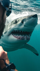Naklejka premium scuba diver taking a selfie, with a shark