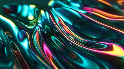 Abstract fluid 3D render holographic iridescent neon curved wave in motion green background. Gradient design element for banners, backgrounds, wallpapers, and covers.
