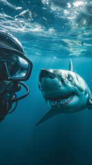 scuba diver taking a selfie, with a shark