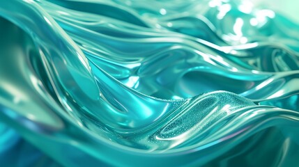 Abstract fluid 3D render holographic iridescent neon curved wave in motion teal background. Gradient design element for banners, backgrounds, wallpapers, and covers.