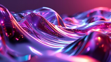 Abstract fluid 3D render holographic iridescent neon curved wave in motion purple background. Gradient design element for banners, backgrounds, wallpapers, and covers.