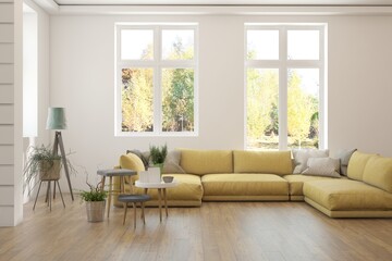 White living room with sofa. Scandinavian interior design. 3D illustration
