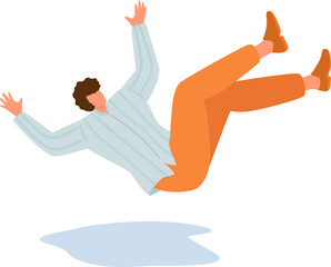 Young man in casual clothes slipping and falling down. Accident, clumsy person tripping, unexpected fall vector illustration. - obrazy, fototapety, plakaty