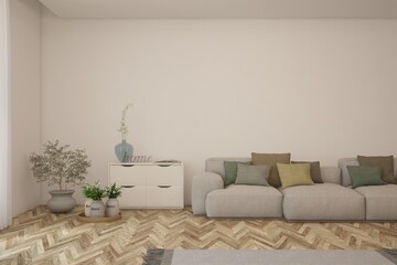 White scandinavian interior design with sofa. 3D illustration