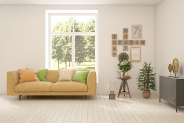 White living room with sofa and summer landscape in window. Scandinavian interior design. 3D illustration