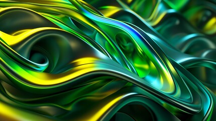 Abstract fluid 3D render holographic iridescent neon curved wave in motion lime background. Gradient design element for banners, backgrounds, wallpapers, and covers.
