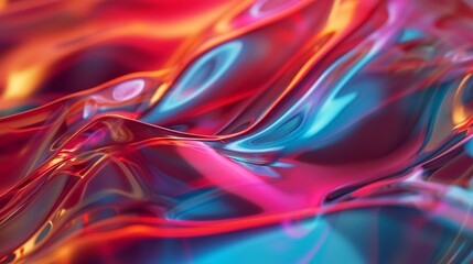 Abstract fluid 3D render holographic iridescent neon curved wave in motion red background. Gradient design element for banners, backgrounds, wallpapers, and covers.