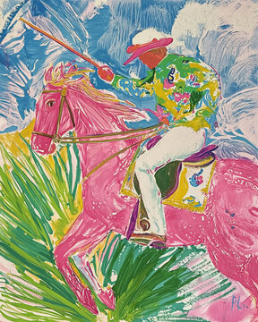 Vintage abstract polo-player on horseback painting Palm Beach style