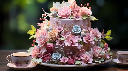 A charming garden tea party-themed cake with layers resembling stacked teacups and decorated with edible flowers, butterflies, and sugar cookies