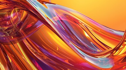 Abstract fluid 3D render holographic iridescent neon curved wave in motion orange background. Gradient design element for banners, backgrounds, wallpapers, and covers.