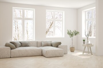 White living room with sofa and winter landscape in window. Scandinavian interior design. 3D illustration