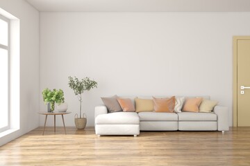 White scandinavian interior design with sofa. 3D illustration