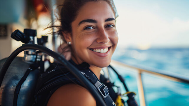 Close-up of a beautiful woman on a happy boat preparing to dive in the sea