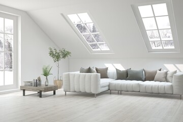 White living room with sofa and winter landscape in window. Scandinavian interior design. 3D illustration