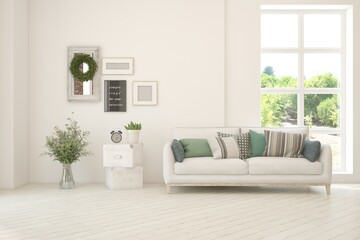 White living room with sofa and summer landscape in window. Scandinavian interior design. 3D illustration