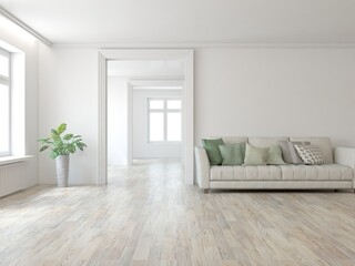 White living room with sofa. Scandinavian interior design. 3D illustration