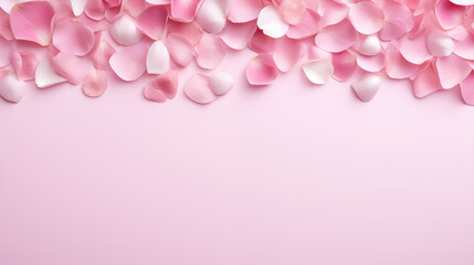 Rose flower petals on a pink background. A frame made of rose petals top view, copy space