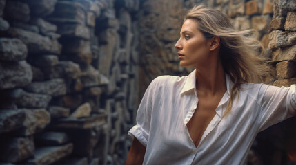 A female mode posing outdoors among a mountain and wearing a white shirt. This is profile. Blond hair.
