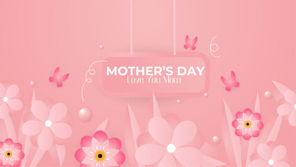 Pink and white happy mother's day background decorated with love and heart. Happy mothers day event poster for greeting design template and mother's day celebration