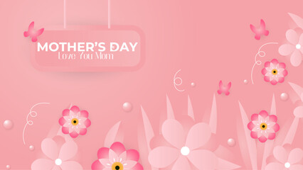 Pink and white vector mothers day background with love balloons and flowers illustration. Happy mothers day event poster for greeting design template and mother's day celebration