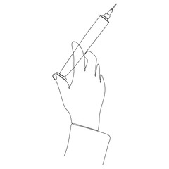 Syringe holding gloved hand, single line art, continuous drawing contour. Corona virus vaccination, health care injection, treatment, precautions. Medical concept, injection dose