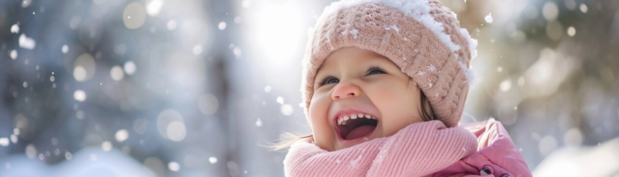Portrait of a white toddler girl laughing loudly against winter atmosphere background, background image, generative AI