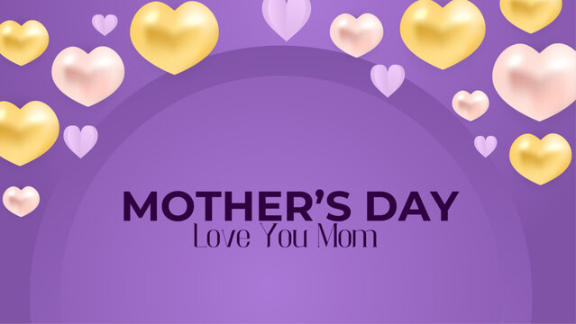 Purple violet yellow and peach vector mothers day background with love balloons and flowers illustration. Happy mothers day event poster for greeting design template and mother's day celebration