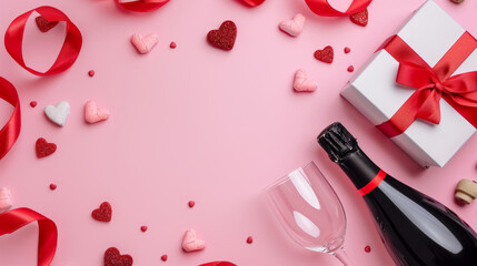 St. valentine day flat lay, all romantic attributes : chocolate hearts, sparkle wine, champaign glasses, gift , copy space for your message    - obrazy, fototapety, plakaty
