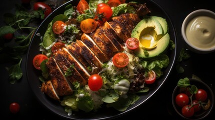 grilled chicken breast served in a bowl topped with cherry tomatoes, avocados, lettuce and loaded with garlic sauce