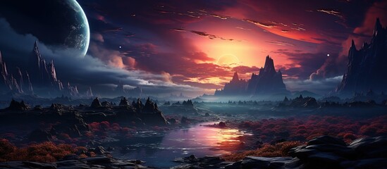 Fantasy alien planet. Mountain and lake.