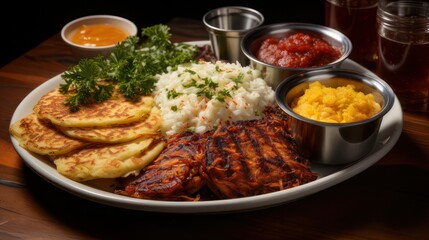 a breakfast platter involving pancakes, scrambled eggs, bacon strips with side dishes