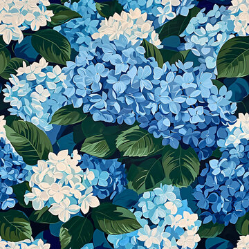 blue and white hydrangea flower blossom, art illustration for Summer