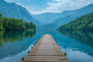 Wooden pier at the mountains lake.