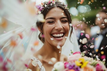 Fototapeta premium Protrait of beautiful happy bride with flower petal.