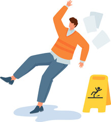 Man slipping on wet floor beside caution sign. Person loses balance at workplace. Accident prevention and safety vector illustration.