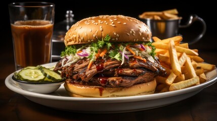 pulled beef burger served with fries