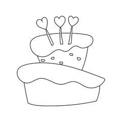 Birthday cake with decoration hearts, doodle black and white vector illustration of sweet treat. Dessert for the holiday, linear art, sweet tooth, coloring page.