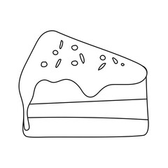 Slice of birthday cake with cream, doodle black and white vector illustration of a piece of sweet treat. Dessert for the holiday, linear art, sweet tooth, coloring page.