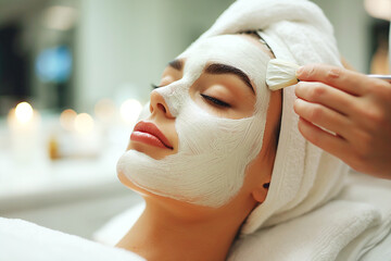 Woman getting facial care by beautician at spa salon, side view, Face peeling mask, spa beauty treatment, skincare