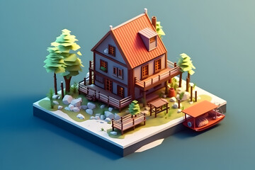 riverside wooden house with boat 3d isometric