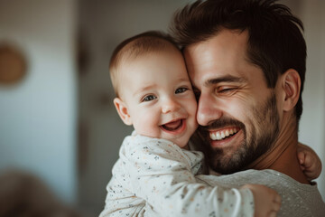 Close up of Happy father and lovely baby smiling.