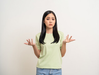Angry asian woman emotional. Asian woman annoyed mad bad furious gesture. Unhappy expressions people upset confused emotional. Stressed female. Young lady standing feeling depressed dramatic scene