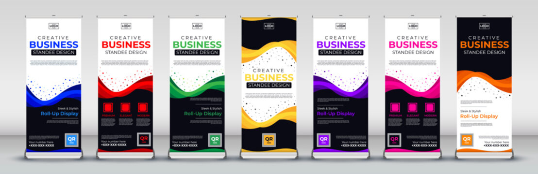 modern creative Business roll up banner design for business events, annual meetings, presentations, marketing, promotions, in blue, red, green, yellow, purple, pink and orange