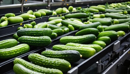 Conveyor belt with lots of green cucumbers at processing plant, focus on quality control and packaging, food industry selection